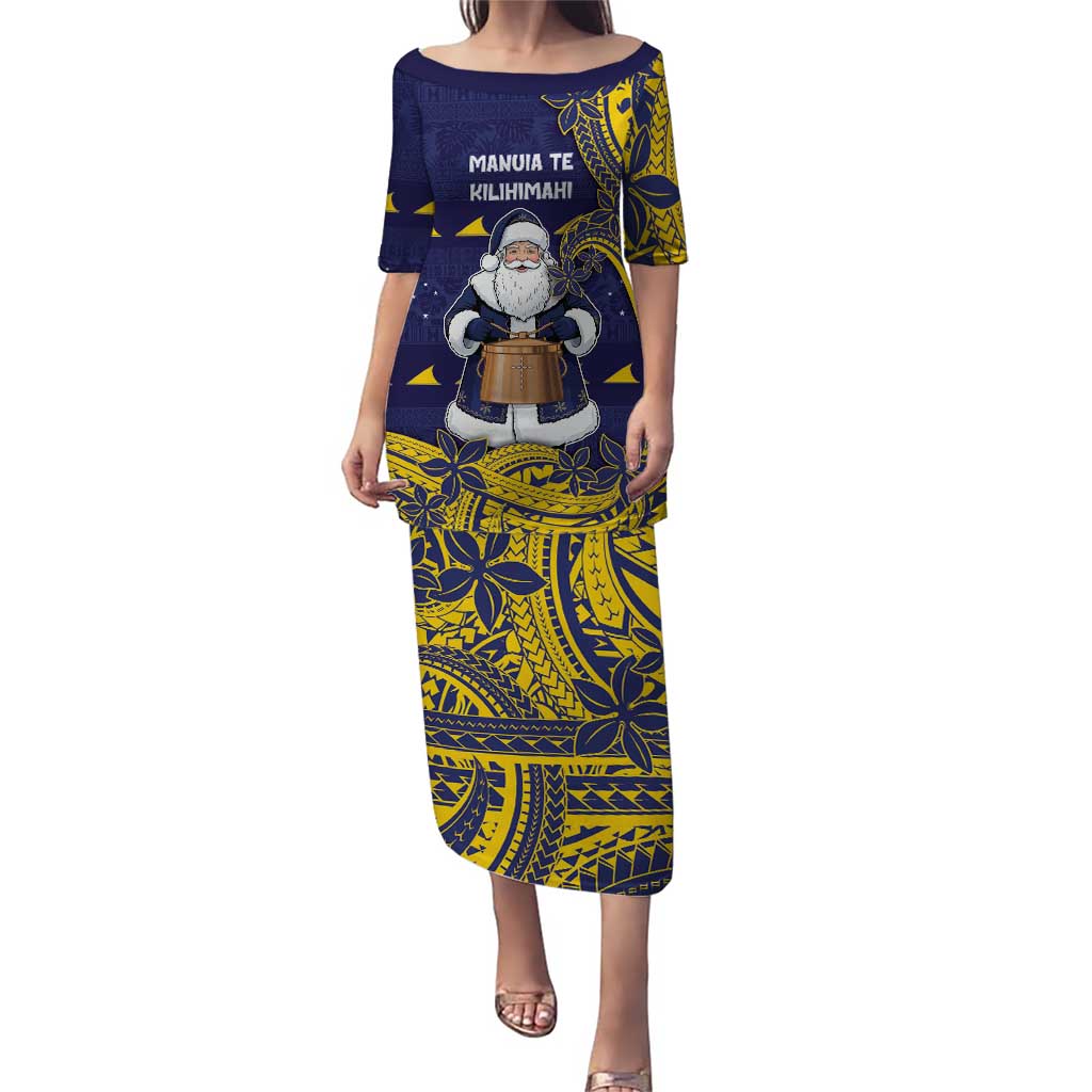 Tokelau Christmas Family Matching Puletasi and Hawaiian Shirt Santa With Tuluma Xmas Tribal Waves DT05 Mom's Dress Navy - Polynesian Pride