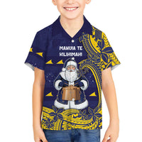 Tokelau Christmas Family Matching Tank Maxi Dress and Hawaiian Shirt Santa With Tuluma Xmas Tribal Waves DT05 Son's Shirt Navy - Polynesian Pride