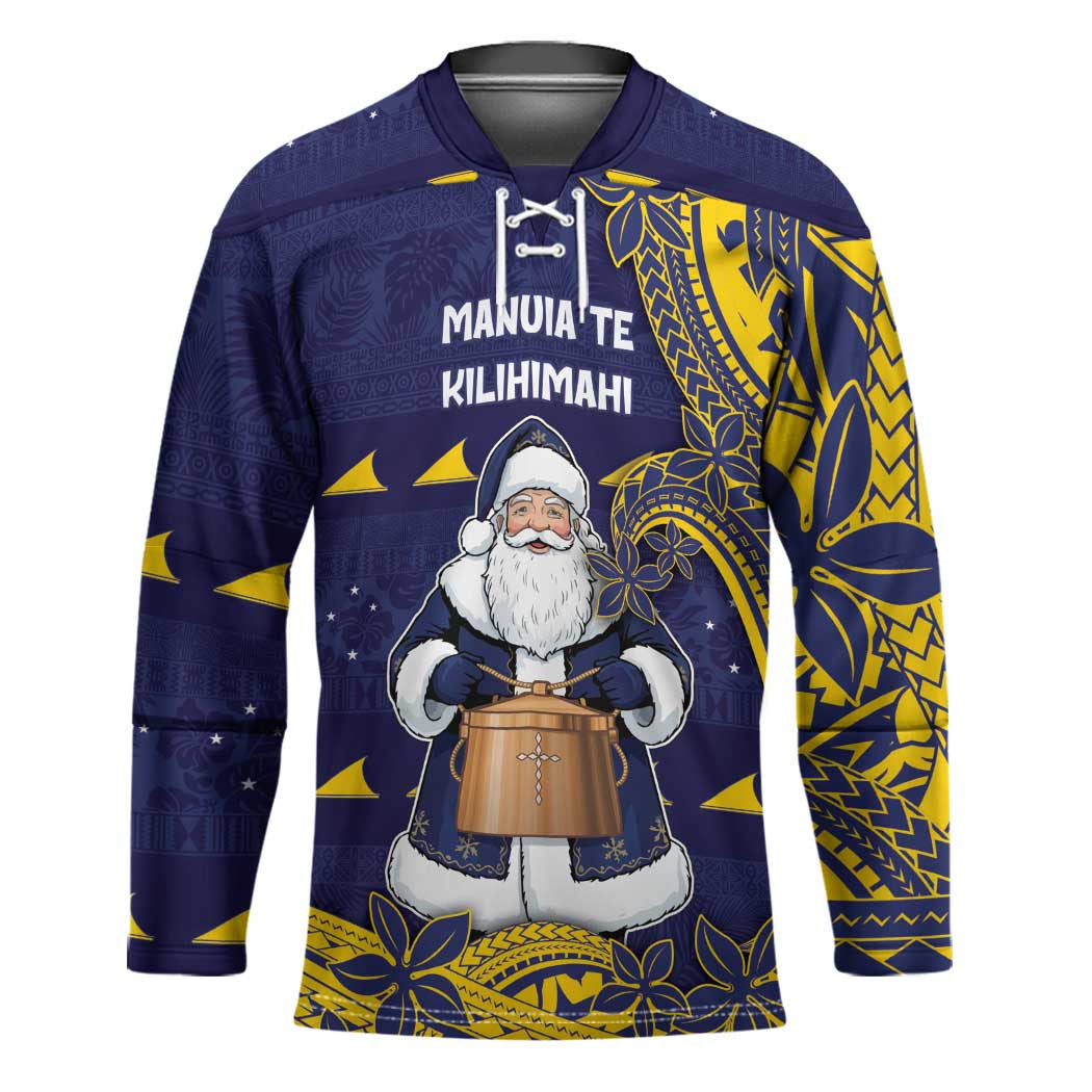 Tokelau Christmas Hockey Jersey Santa With Tuluma Xmas Tribal Waves - Polynesian Pride