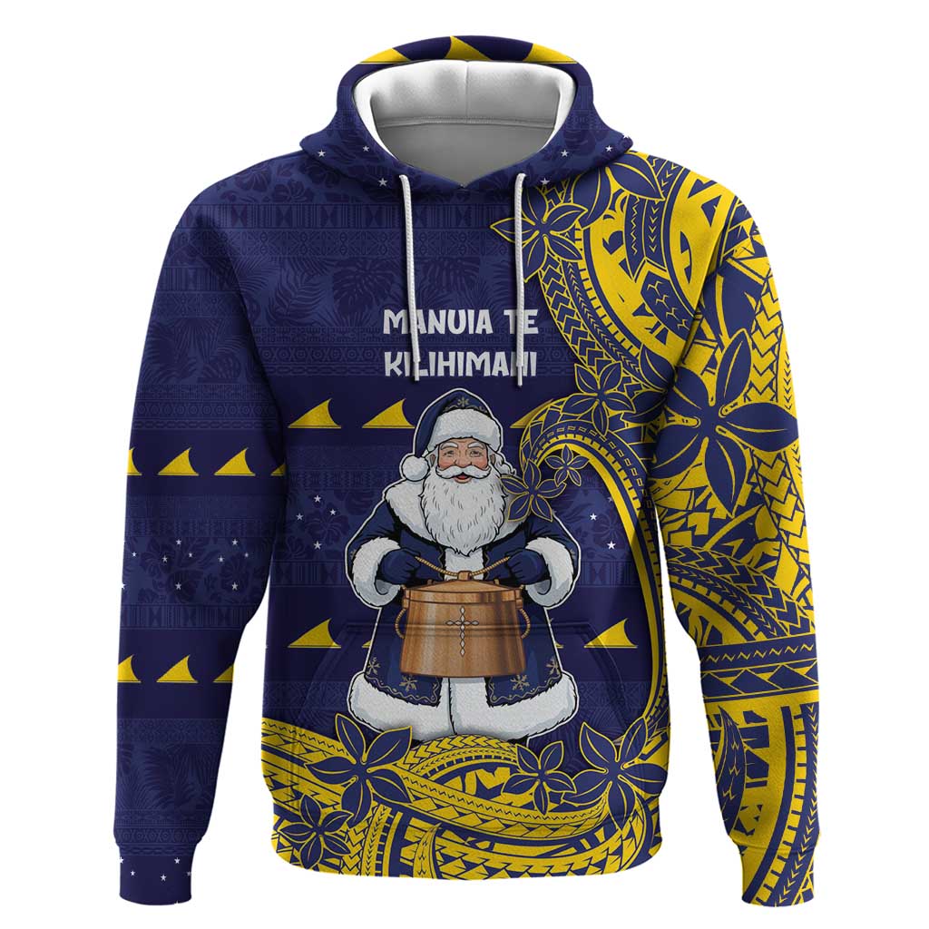 Tokelau Christmas Hoodie Santa With Tuluma Xmas Tribal Waves DT05 Pullover Hoodie Navy - Polynesian Pride