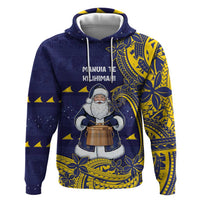Tokelau Christmas Hoodie Santa With Tuluma Xmas Tribal Waves DT05 Pullover Hoodie Navy - Polynesian Pride