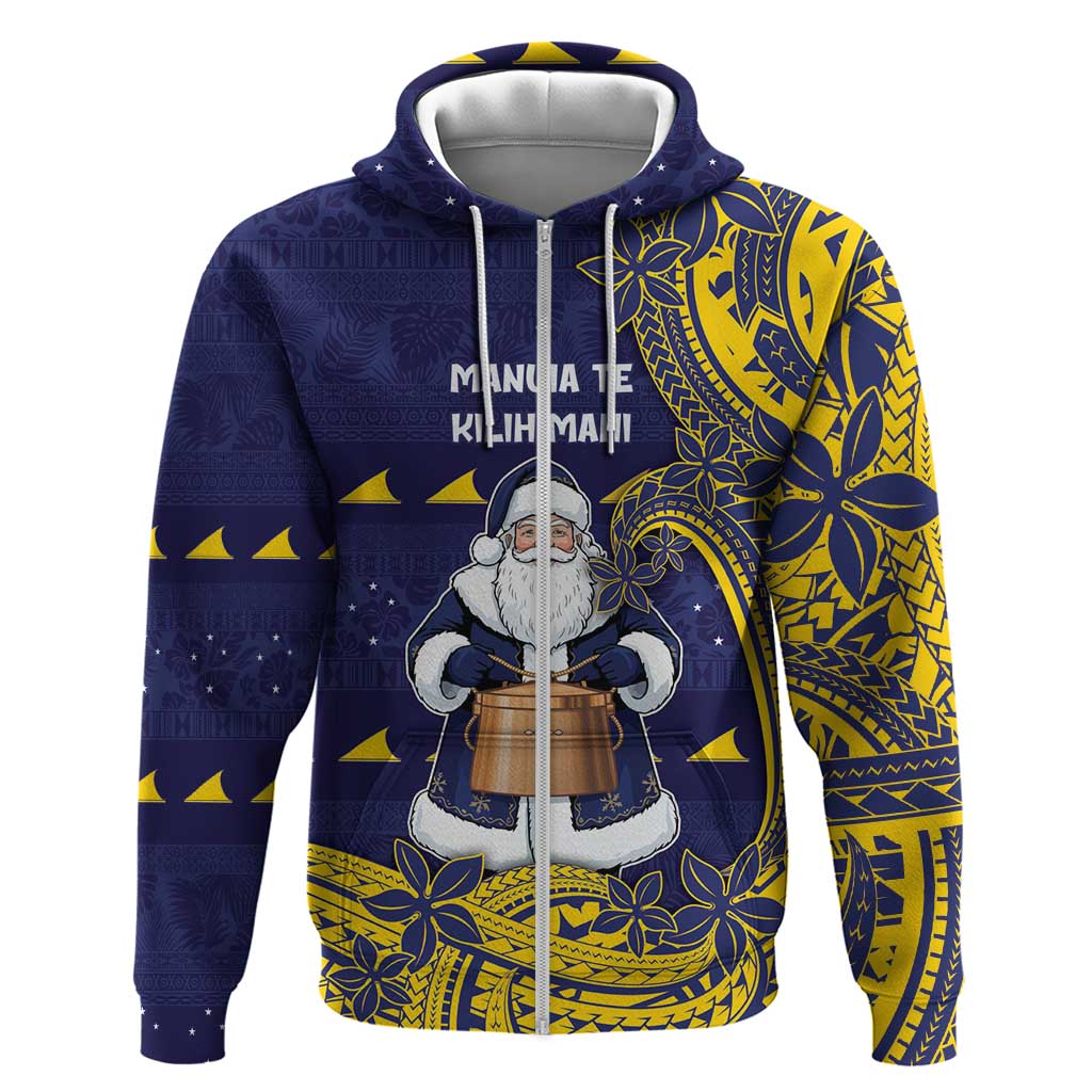 Tokelau Christmas Hoodie Santa With Tuluma Xmas Tribal Waves DT05 Zip Hoodie Navy - Polynesian Pride
