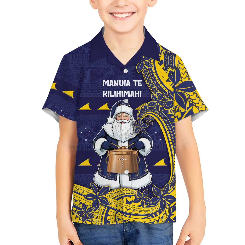 Tokelau Christmas Kid Hawaiian Shirt Santa With Tuluma Xmas Tribal Waves DT05 Kid Navy - Polynesian Pride