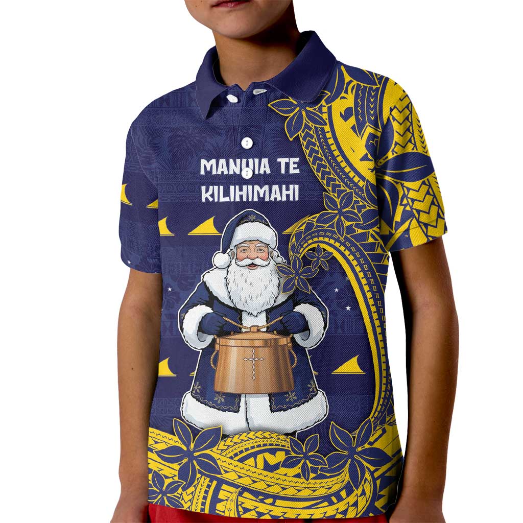 Tokelau Christmas Kid Polo Shirt Santa With Tuluma Xmas Tribal Waves DT05 Kid Navy - Polynesian Pride