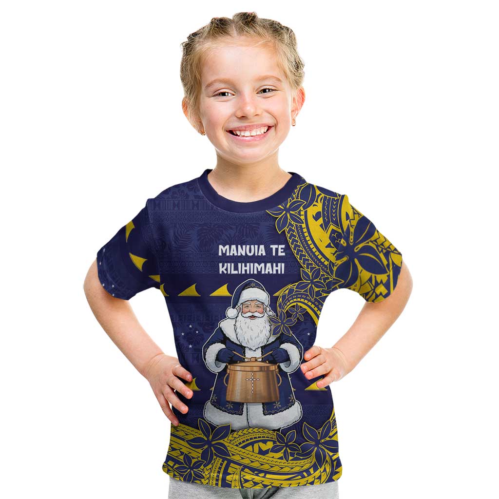 Tokelau Christmas Kid T Shirt Santa With Tuluma Xmas Tribal Waves DT05 Navy - Polynesian Pride