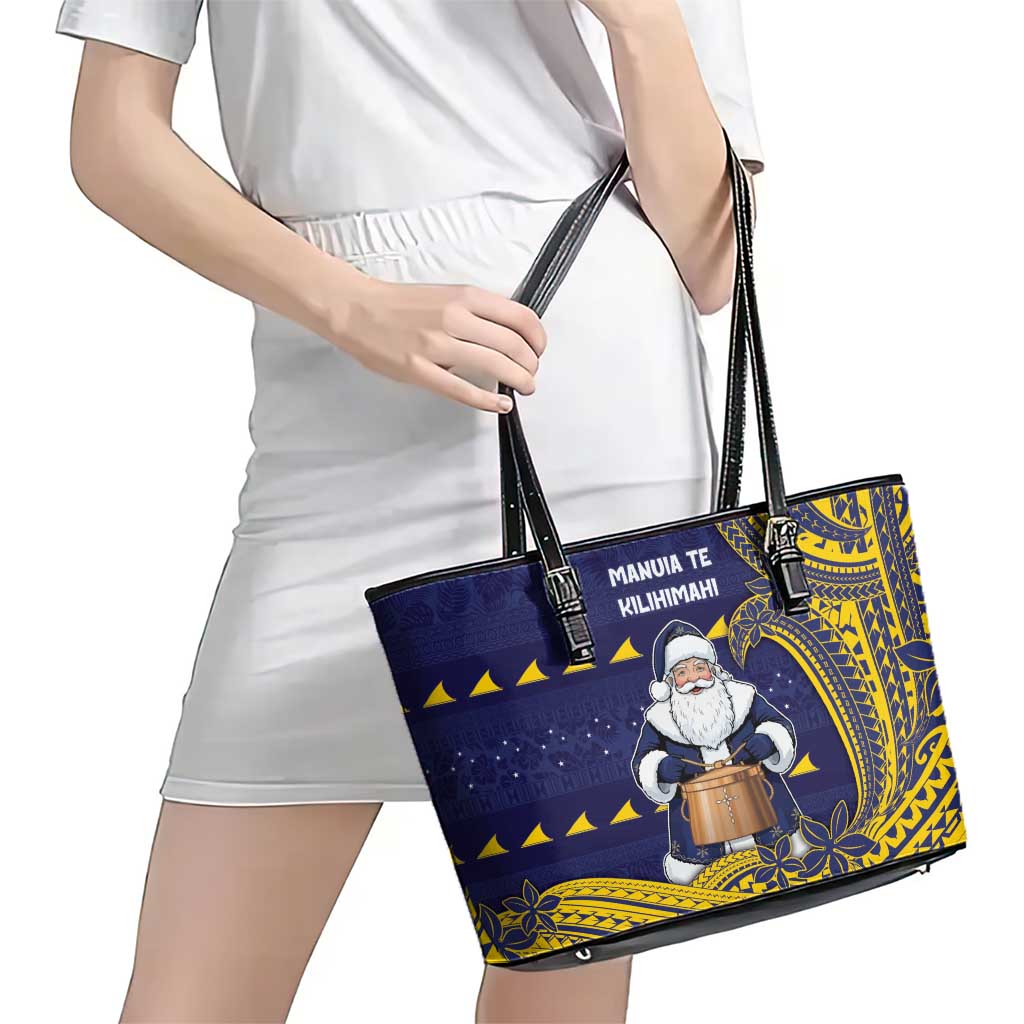 Tokelau Christmas Leather Tote Bag Santa With Tuluma Xmas Tribal Waves - Polynesian Pride