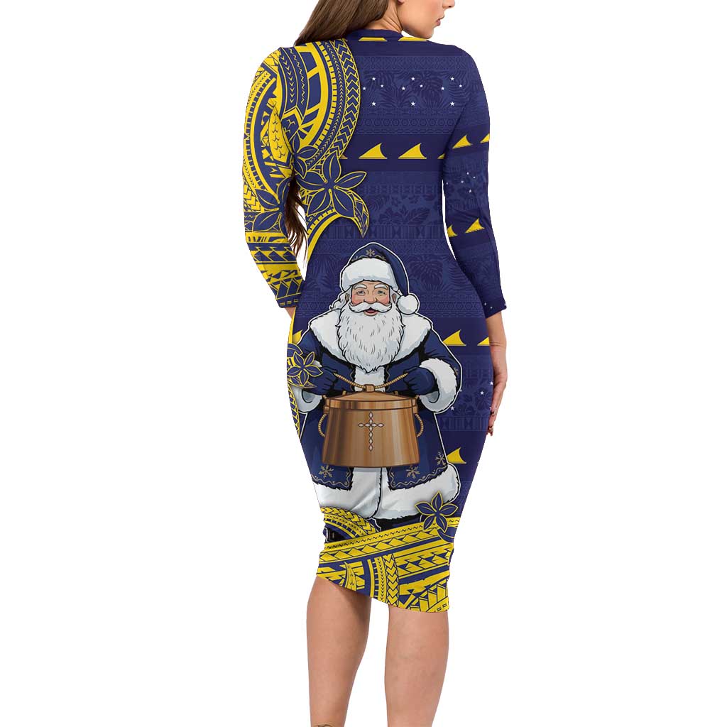 Tokelau Christmas Long Sleeve Bodycon Dress Santa With Tuluma Xmas Tribal Waves DT05 - Polynesian Pride