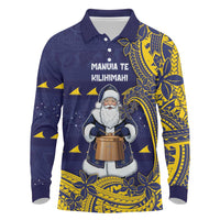 Tokelau Christmas Long Sleeve Polo Shirt Santa With Tuluma Xmas Tribal Waves DT05 Navy - Polynesian Pride