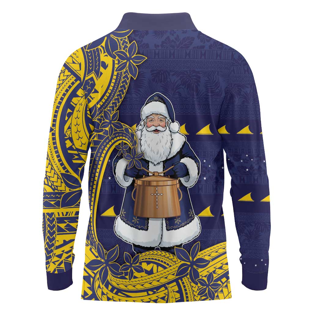 Tokelau Christmas Long Sleeve Polo Shirt Santa With Tuluma Xmas Tribal Waves DT05 - Polynesian Pride