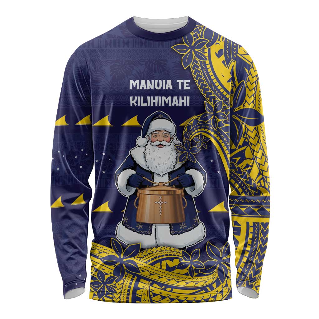 Tokelau Christmas Long Sleeve Shirt Santa With Tuluma Xmas Tribal Waves DT05 Unisex Navy - Polynesian Pride