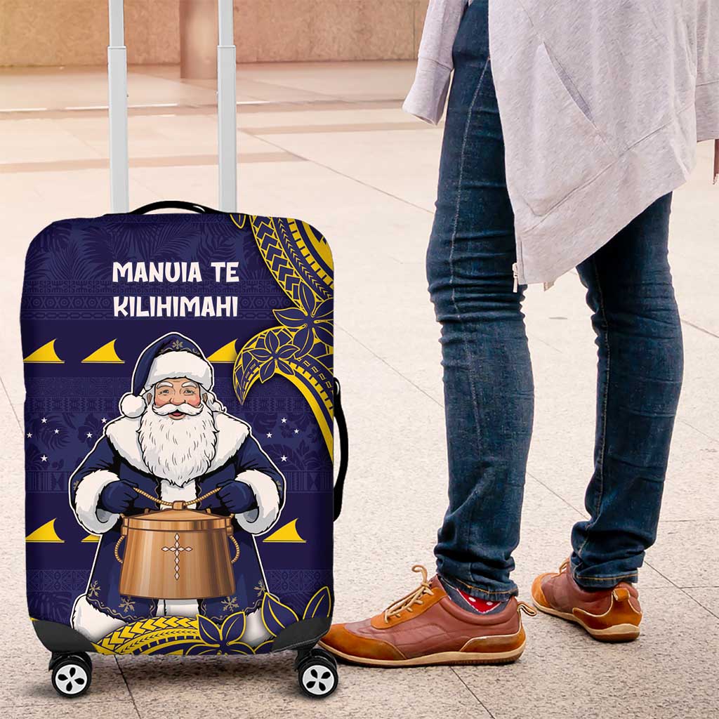 Tokelau Christmas Luggage Cover Santa With Tuluma Xmas Tribal Waves DT05 Navy - Polynesian Pride
