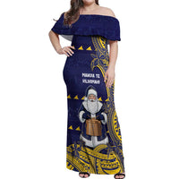 Tokelau Christmas Off Shoulder Maxi Dress Santa With Tuluma Xmas Tribal Waves DT05 Women Navy - Polynesian Pride