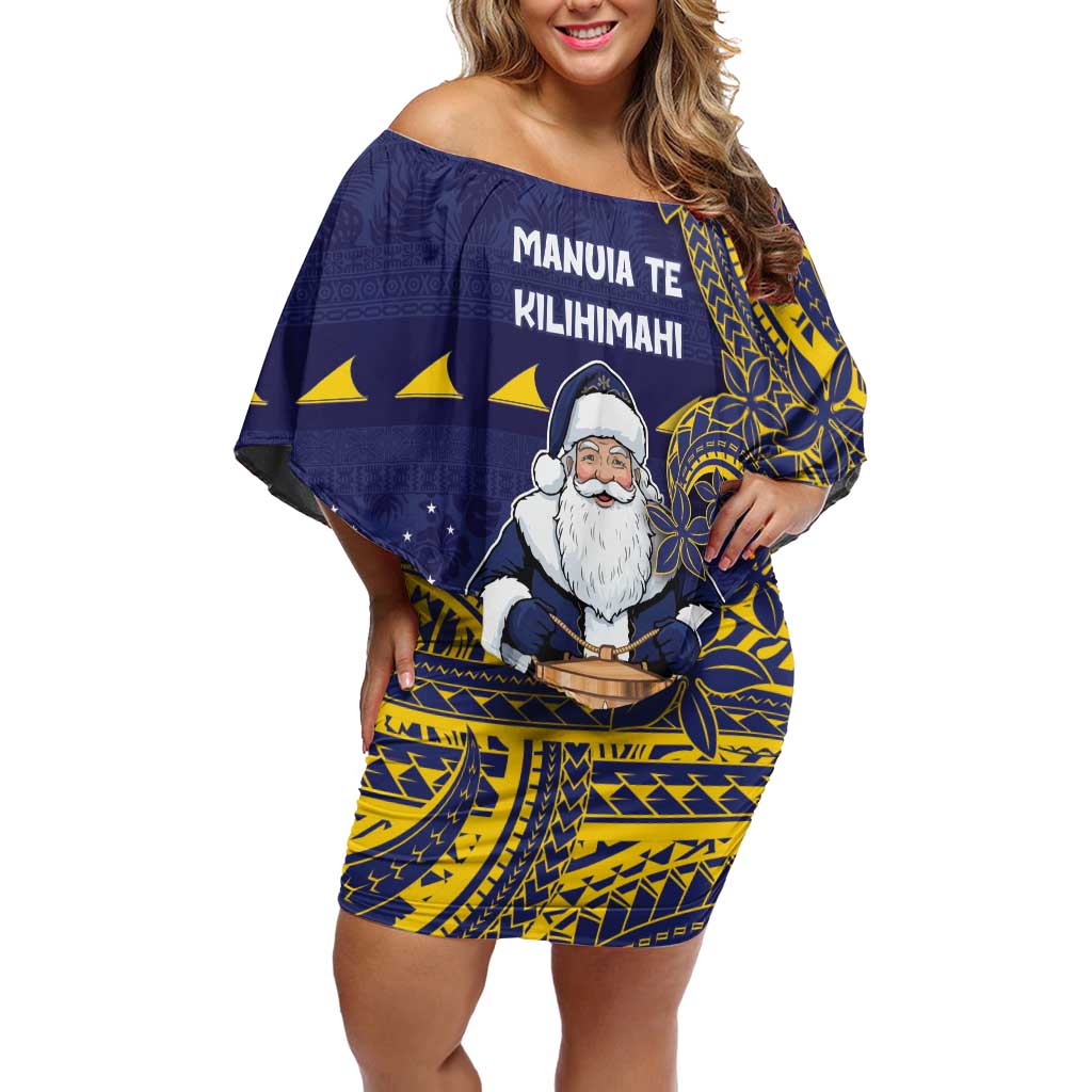 Tokelau Christmas Off Shoulder Short Dress Santa With Tuluma Xmas Tribal Waves DT05 Women Navy - Polynesian Pride