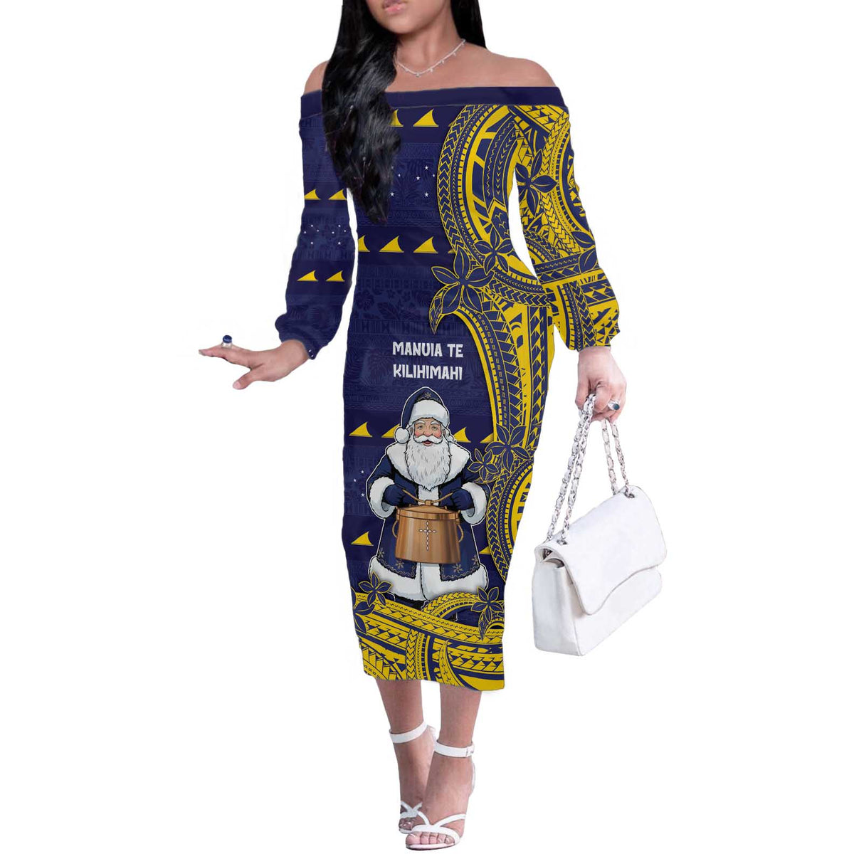 Tokelau Christmas Off The Shoulder Long Sleeve Dress Santa With Tuluma Xmas Tribal Waves DT05 Women Navy - Polynesian Pride