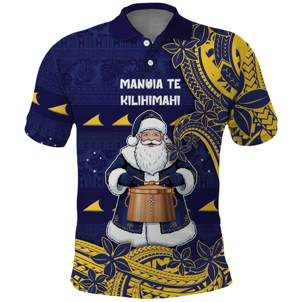 Tokelau Christmas Polo Shirt Santa With Tuluma Xmas Tribal Waves DT05 Navy - Polynesian Pride