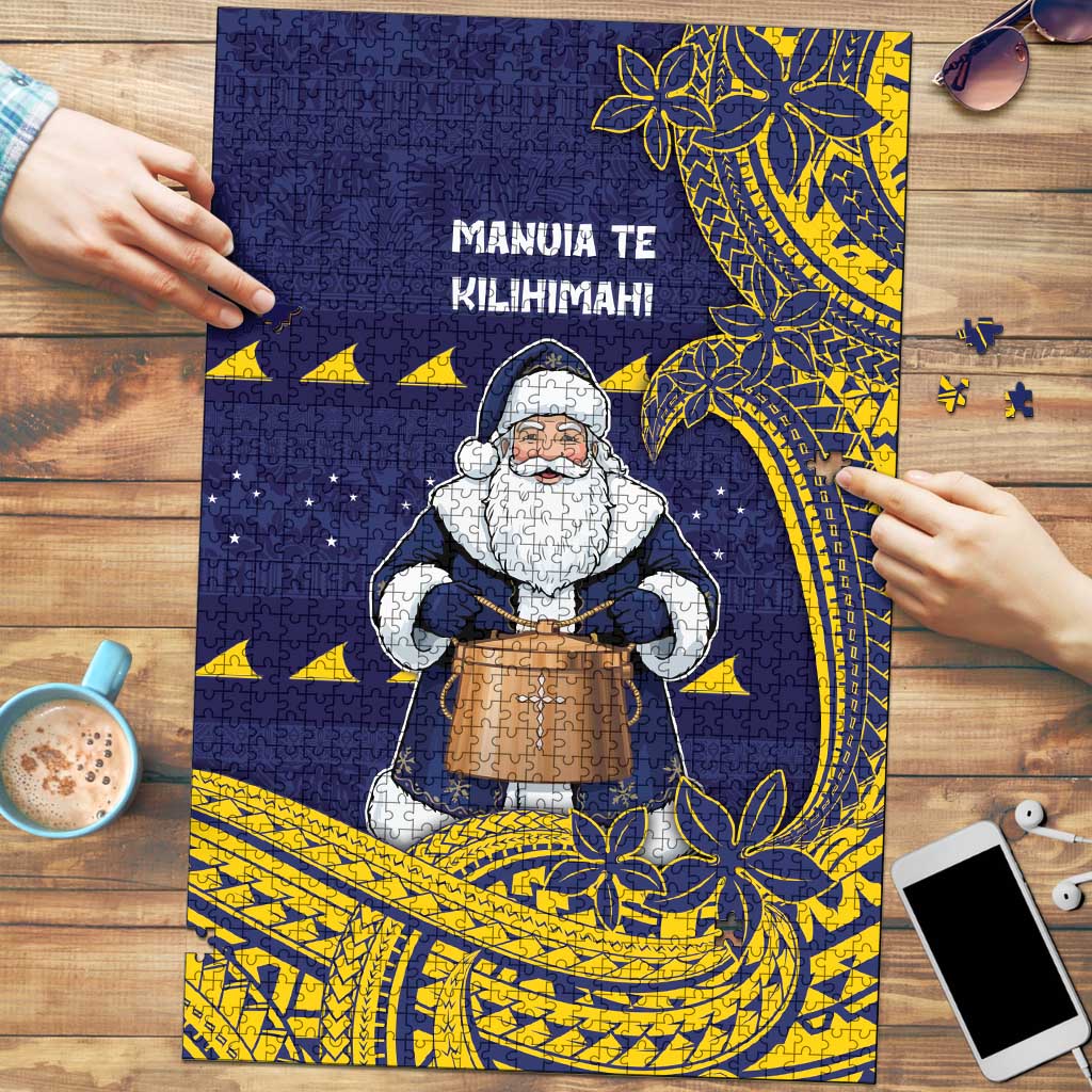 Tokelau Christmas Puzzle Santa With Tuluma Xmas Tribal Waves DT05 Navy - Polynesian Pride