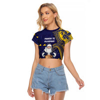 Tokelau Christmas Raglan Cropped T Shirt Santa With Tuluma Xmas Tribal Waves DT05 Female Navy - Polynesian Pride