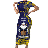 Tokelau Christmas Short Sleeve Bodycon Dress Santa With Tuluma Xmas Tribal Waves DT05 Long Dress Navy - Polynesian Pride