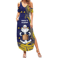 Tokelau Christmas Summer Maxi Dress Santa With Tuluma Xmas Tribal Waves DT05 Women Navy - Polynesian Pride