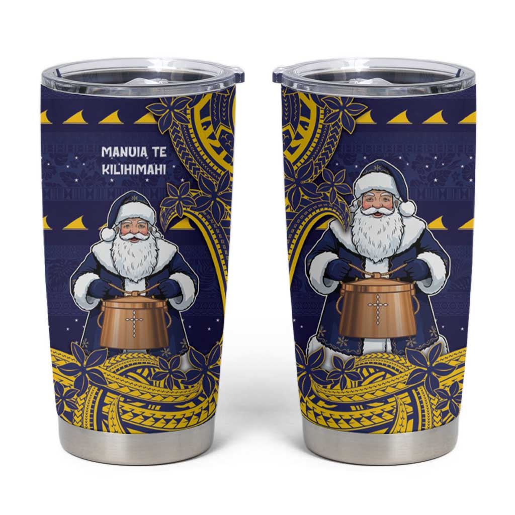 Tokelau Christmas Tumbler Cup Santa With Tuluma Xmas Tribal Waves DT05 Navy - Polynesian Pride