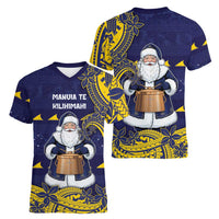 Tokelau Christmas Women V-Neck T-Shirt Santa With Tuluma Xmas Tribal Waves DT05 - Polynesian Pride