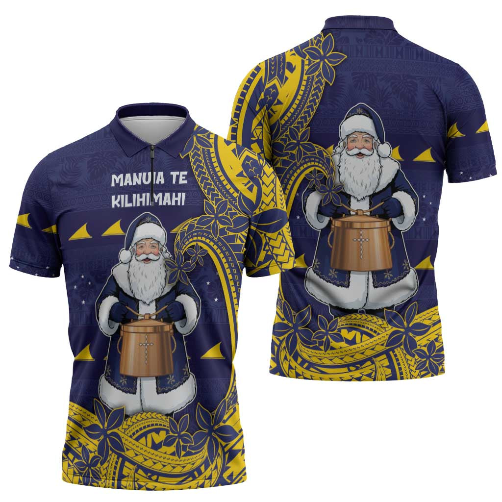 Tokelau Christmas Zipper Polo Shirt Santa With Tuluma Xmas Tribal Waves DT05 - Polynesian Pride