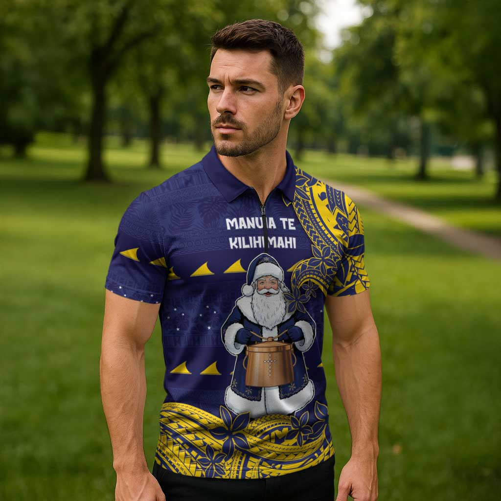 Tokelau Christmas Zipper Polo Shirt Santa With Tuluma Xmas Tribal Waves DT05 - Polynesian Pride