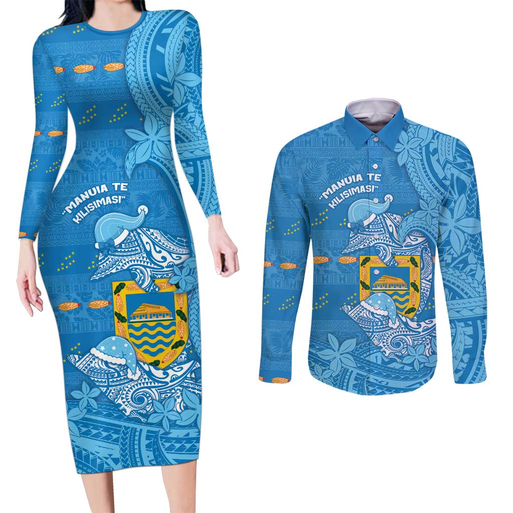 Tuvalu Christmas Couples Matching Long Sleeve Bodycon Dress and Long Sleeve Button Shirt Dolphins Santa Xmas Tribal Waves DT05 Blue - Polynesian Pride