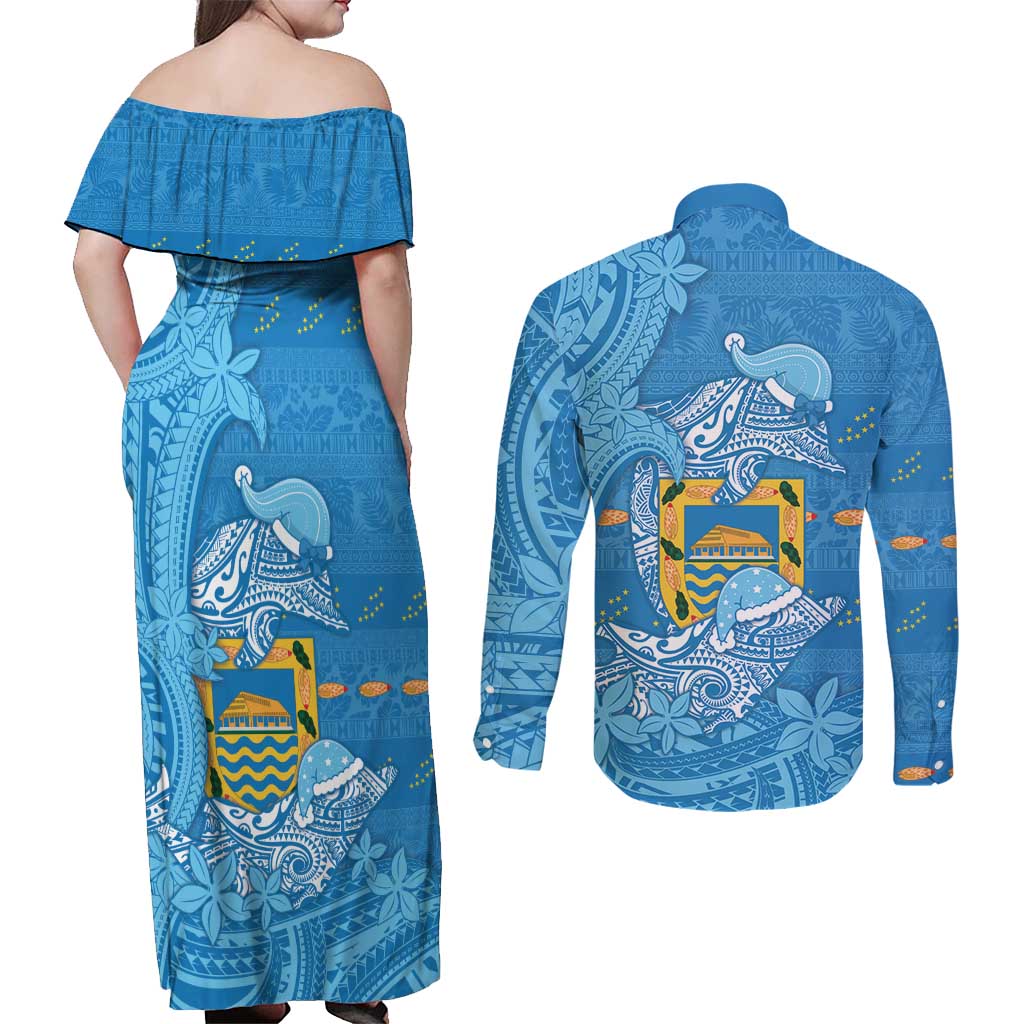 Tuvalu Christmas Couples Matching Off Shoulder Maxi Dress and Long Sleeve Button Shirt Dolphins Santa Xmas Tribal Waves DT05 - Polynesian Pride