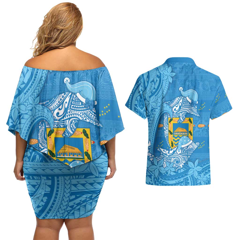 Tuvalu Christmas Couples Matching Off Shoulder Short Dress and Hawaiian Shirt Dolphins Santa Xmas Tribal Waves DT05 - Polynesian Pride