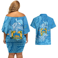 Tuvalu Christmas Couples Matching Off Shoulder Short Dress and Hawaiian Shirt Dolphins Santa Xmas Tribal Waves DT05 - Polynesian Pride