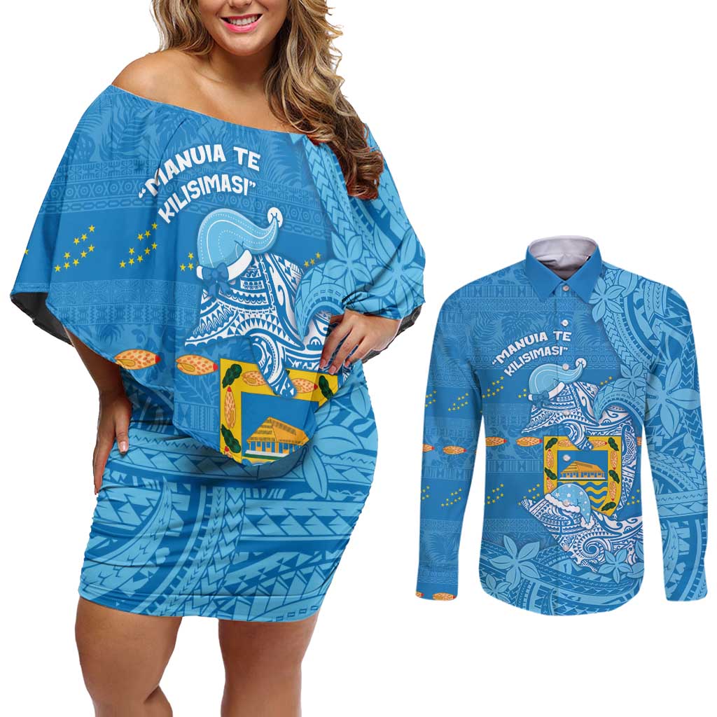 Tuvalu Christmas Couples Matching Off Shoulder Short Dress and Long Sleeve Button Shirt Dolphins Santa Xmas Tribal Waves DT05 Blue - Polynesian Pride