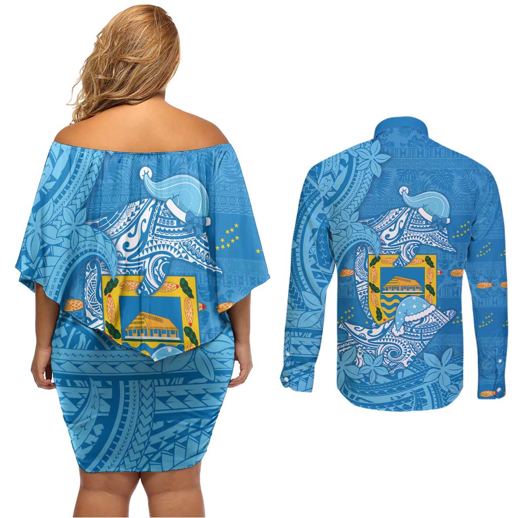 Tuvalu Christmas Couples Matching Off Shoulder Short Dress and Long Sleeve Button Shirt Dolphins Santa Xmas Tribal Waves DT05 - Polynesian Pride