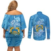 Tuvalu Christmas Couples Matching Off Shoulder Short Dress and Long Sleeve Button Shirt Dolphins Santa Xmas Tribal Waves DT05 - Polynesian Pride