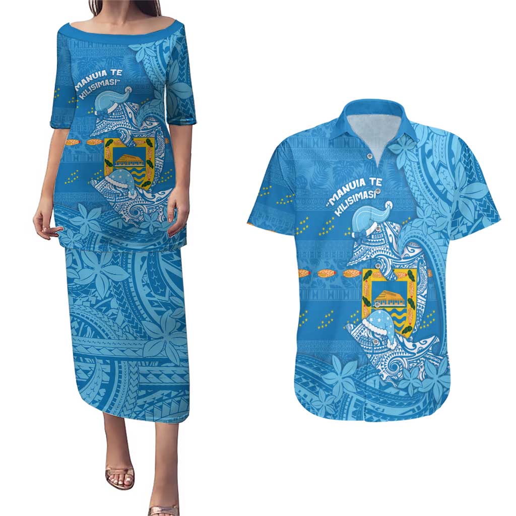 Tuvalu Christmas Couples Matching Puletasi and Hawaiian Shirt Dolphins Santa Xmas Tribal Waves - Polynesian Pride