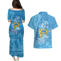 Tuvalu Christmas Couples Matching Puletasi and Hawaiian Shirt Dolphins Santa Xmas Tribal Waves DT05 - Polynesian Pride