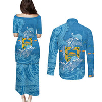 Tuvalu Christmas Couples Matching Puletasi and Long Sleeve Button Shirt Dolphins Santa Xmas Tribal Waves - Polynesian Pride