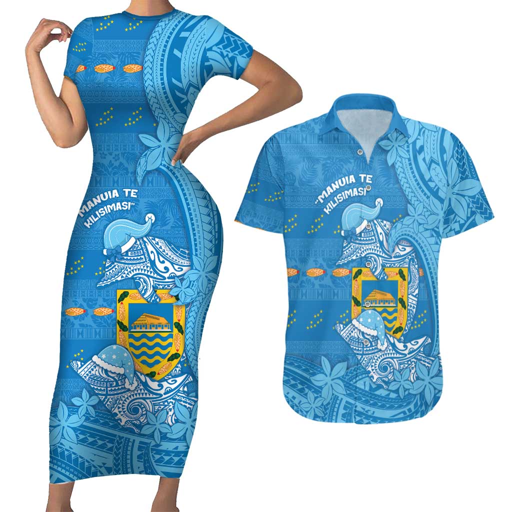 Tuvalu Christmas Couples Matching Short Sleeve Bodycon Dress and Hawaiian Shirt Dolphins Santa Xmas Tribal Waves - Polynesian Pride