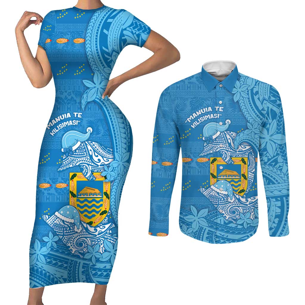 Tuvalu Christmas Couples Matching Short Sleeve Bodycon Dress and Long Sleeve Button Shirt Dolphins Santa Xmas Tribal Waves DT05 Blue - Polynesian Pride