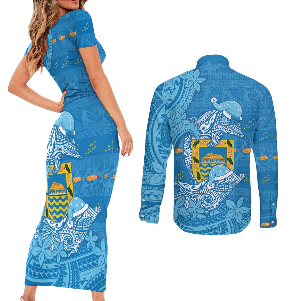Tuvalu Christmas Couples Matching Short Sleeve Bodycon Dress and Long Sleeve Button Shirt Dolphins Santa Xmas Tribal Waves DT05 - Polynesian Pride