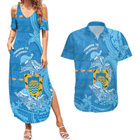 Tuvalu Christmas Couples Matching Summer Maxi Dress and Hawaiian Shirt Dolphins Santa Xmas Tribal Waves DT05 Blue - Polynesian Pride