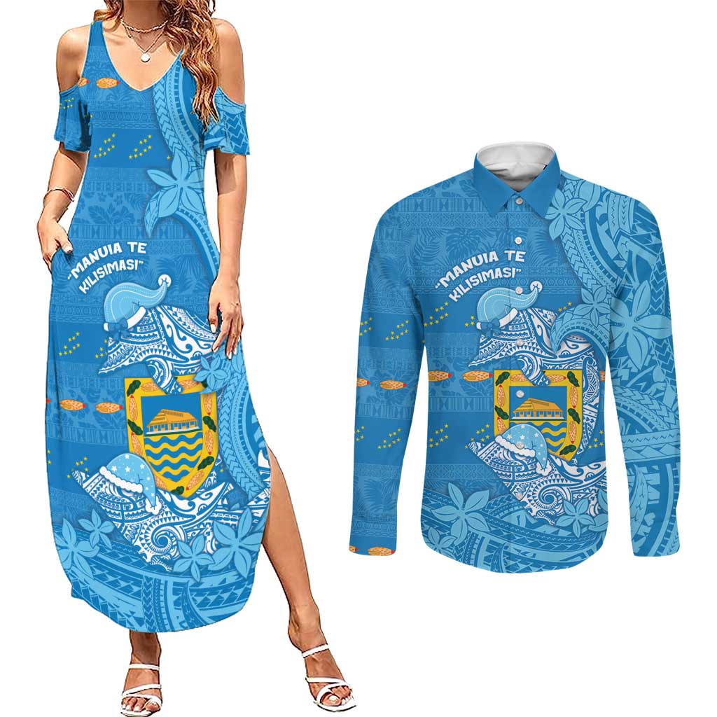 Tuvalu Christmas Couples Matching Summer Maxi Dress and Long Sleeve Button Shirt Dolphins Santa Xmas Tribal Waves DT05 Blue - Polynesian Pride