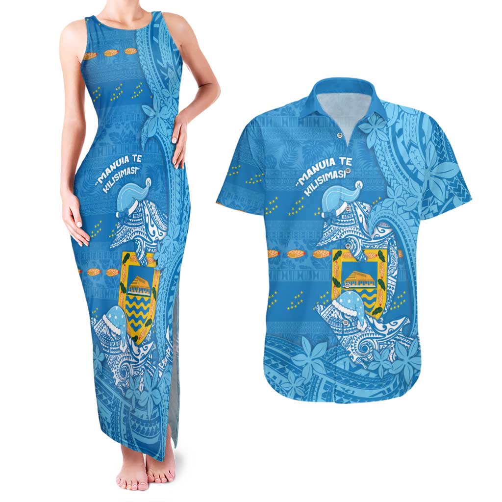 Tuvalu Christmas Couples Matching Tank Maxi Dress and Hawaiian Shirt Dolphins Santa Xmas Tribal Waves DT05 Blue - Polynesian Pride