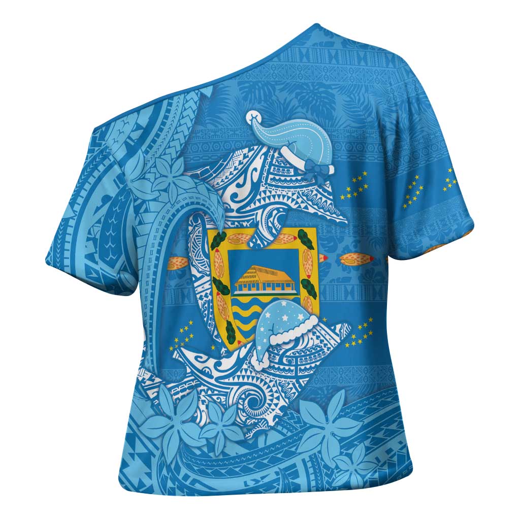 Tuvalu Christmas Cross Shoulder Shirt Dolphins Santa Xmas Tribal Waves - Polynesian Pride