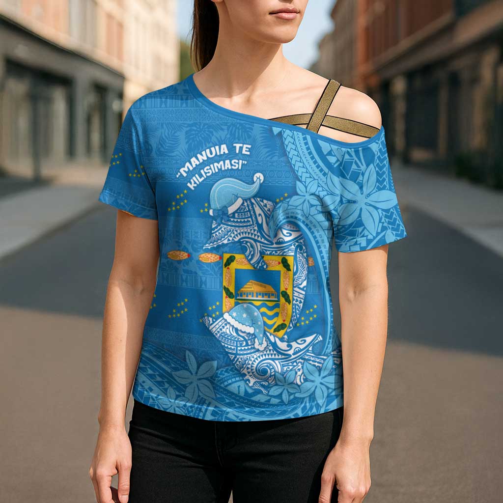 Tuvalu Christmas Cross Shoulder Shirt Dolphins Santa Xmas Tribal Waves - Polynesian Pride