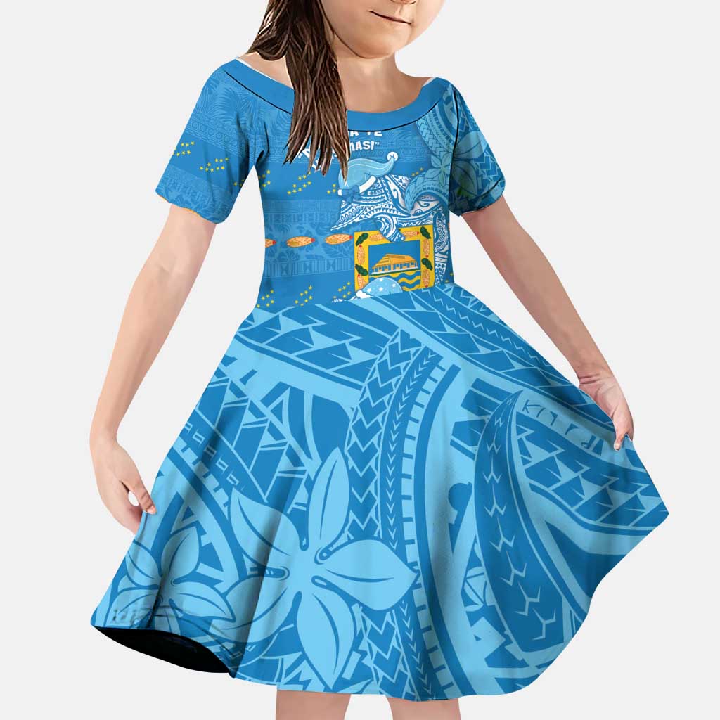 Tuvalu Christmas Family Matching Long Sleeve Bodycon Dress and Hawaiian Shirt Dolphins Santa Xmas Tribal Waves DT05 Daughter's Dress Blue - Polynesian Pride