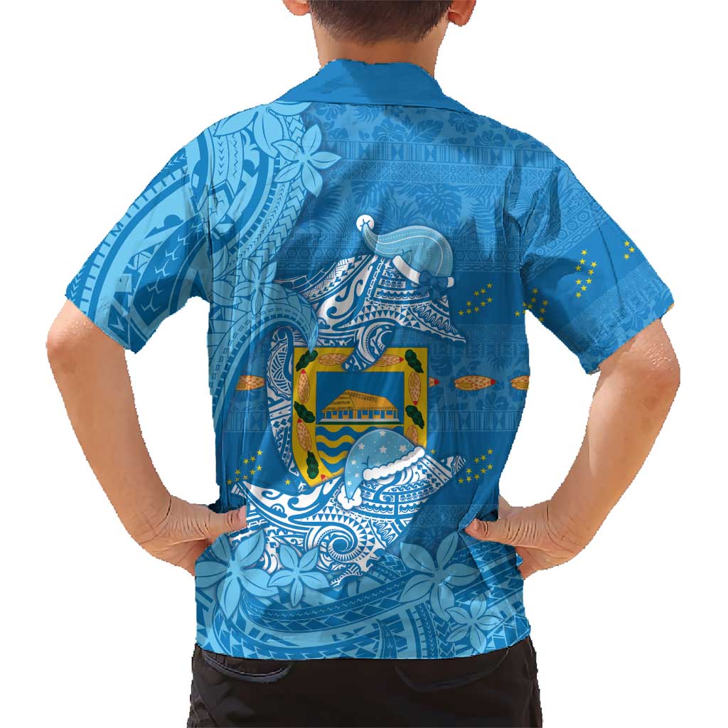 Tuvalu Christmas Family Matching Off The Shoulder Long Sleeve Dress and Hawaiian Shirt Dolphins Santa Xmas Tribal Waves DT05 - Polynesian Pride