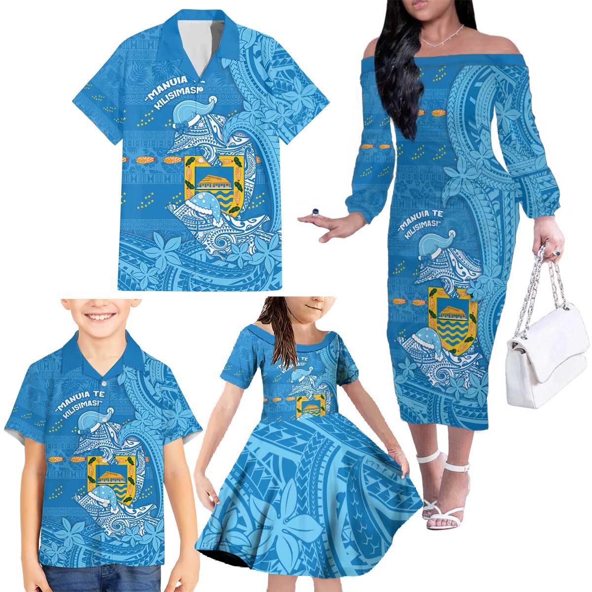 Tuvalu Christmas Family Matching Off The Shoulder Long Sleeve Dress and Hawaiian Shirt Dolphins Santa Xmas Tribal Waves - Polynesian Pride