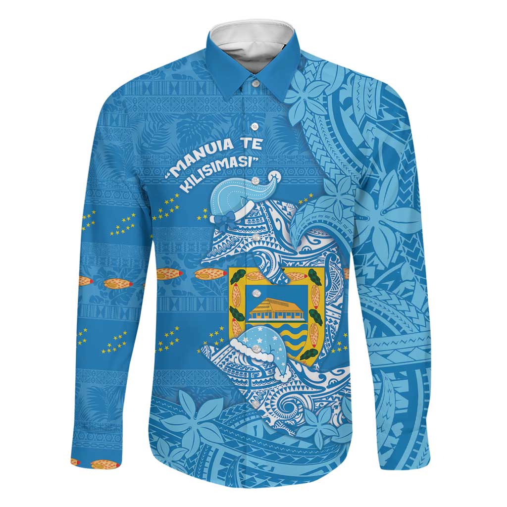 Tuvalu Christmas Family Matching Off The Shoulder Long Sleeve Dress and Hawaiian Shirt Dolphins Santa Xmas Tribal Waves DT05 Dad's Shirt - Long Sleeve Blue - Polynesian Pride