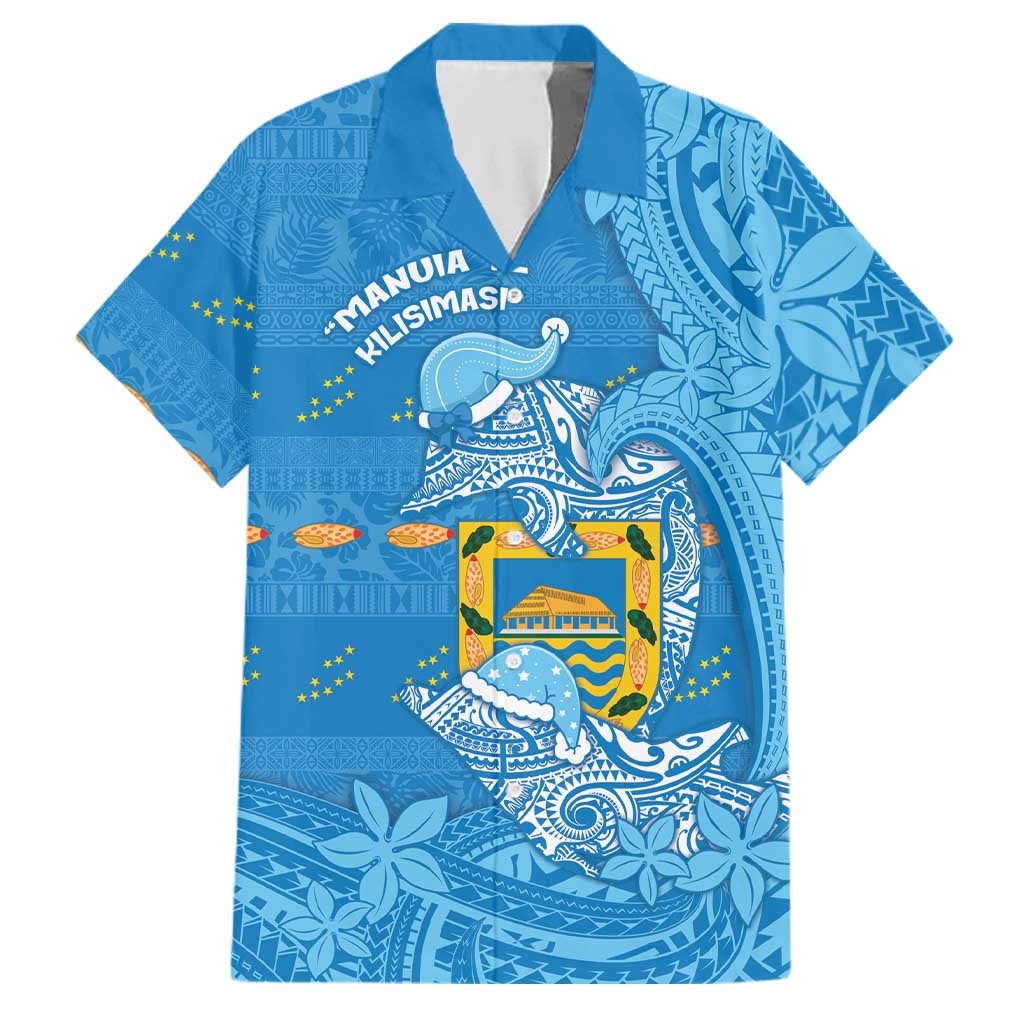Tuvalu Christmas Family Matching Off Shoulder Maxi Dress and Hawaiian Shirt Dolphins Santa Xmas Tribal Waves DT05 Dad's Shirt - Short Sleeve Blue - Polynesian Pride